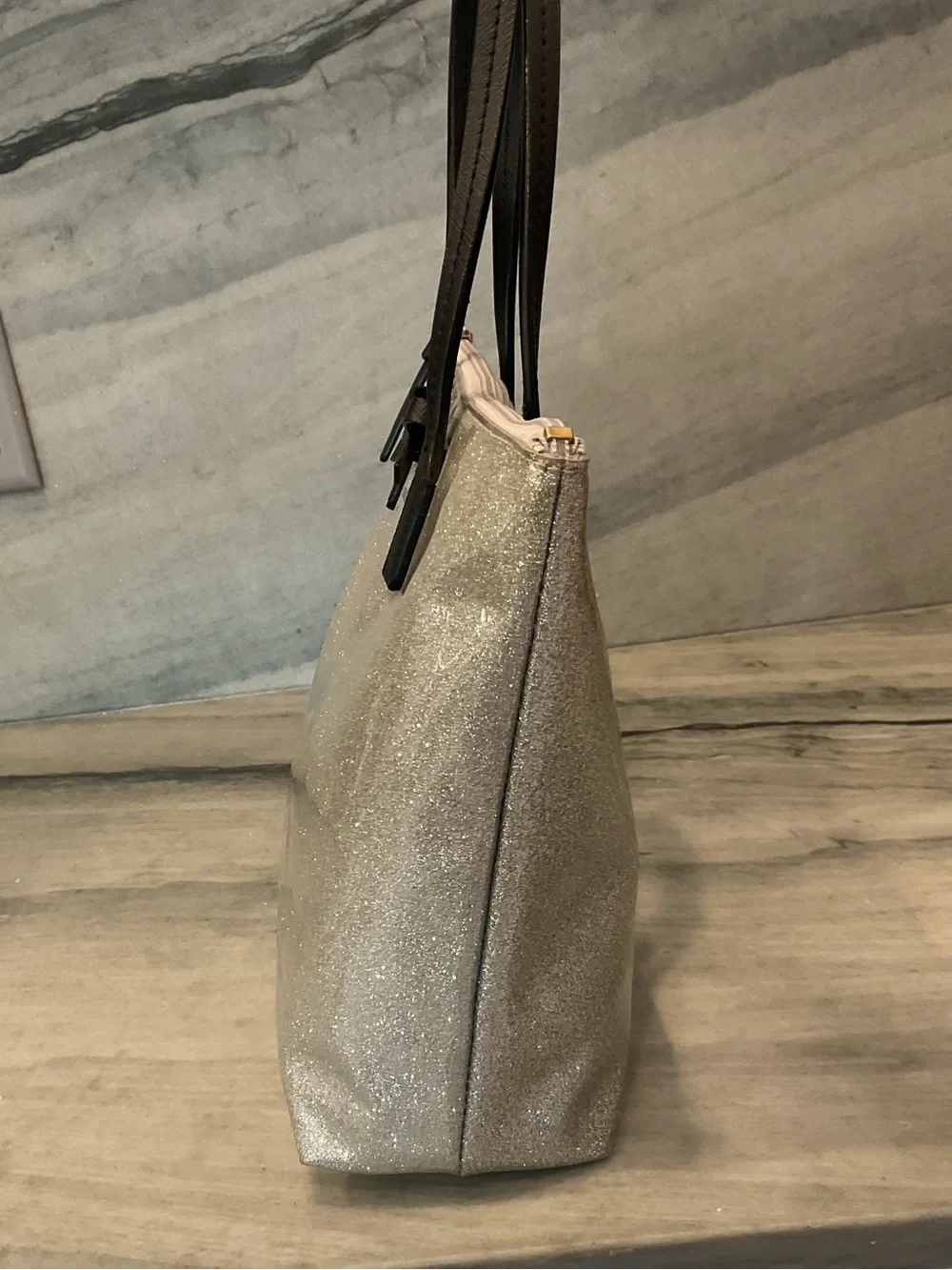 kate spade Glitter Tote in Ivory with Black Handles